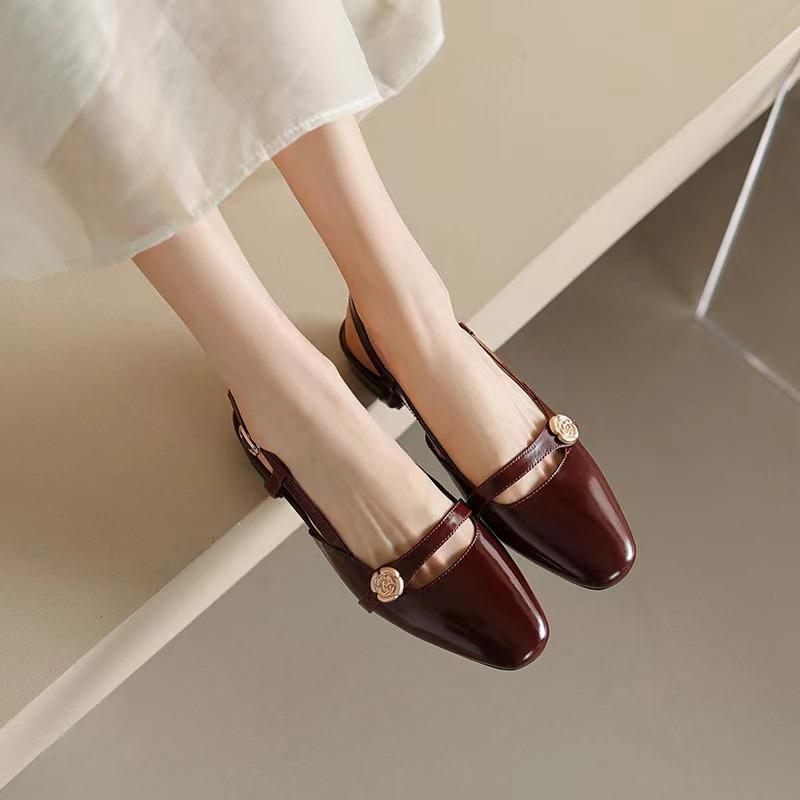 Beige Heeled Sandals Shoes Closed Toe Women's All Match Mary Jane Black Block Comfort Low Open Retro Girls Summer