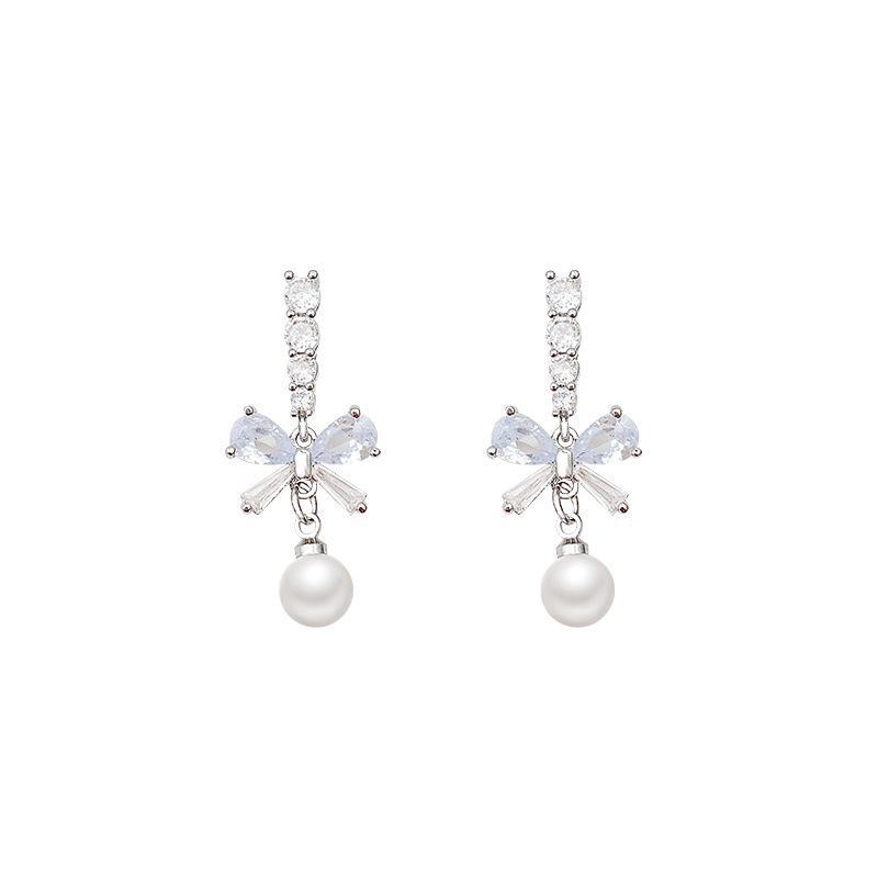 S925 Silver Zircon Bow Long Tassel Pearl Earrings for Women