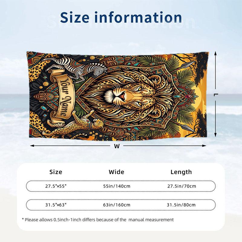 Lions Majesty Africa Theme Quick Dry Beach Towel Custom Name Text Print Large Sand Resistant Towel Beach Vacation