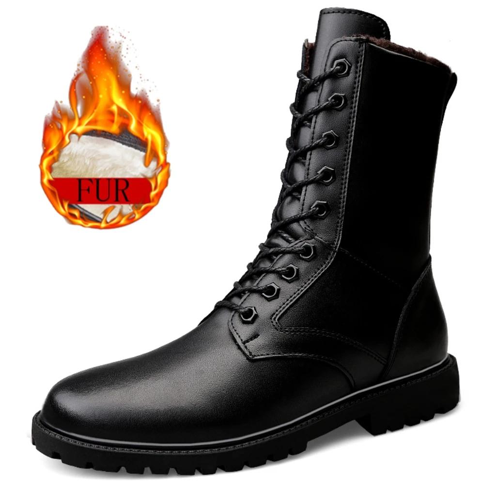 Bezpečnostní trekingové moto boty zimní dlouhé kožené jezdecké vysoké plyšové šněrovací motorizované boty pánské outdoorové boty z hovězí kůže Dermis