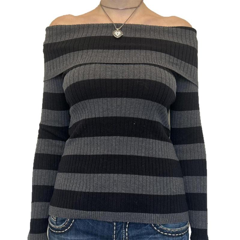Ležérní Jednoduchý Svetr s Pruhy Odhalená Ramena Dlouhý Rukáv Vlněný Dámské Oblečení 2025 Podzim a Zima Osobnost Pulovr