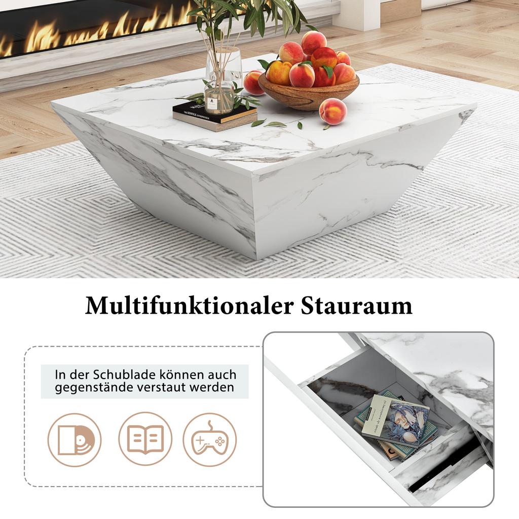 Tavolino da caffè a tamburo moderno, Tavolino da caffè trapezoidale con impiallacciatura in marmo bianco, Tavolo da soggiorno 70*70*37cm