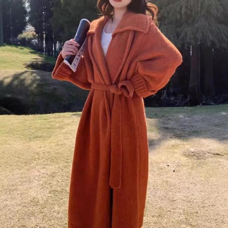 Herbst und Winter Mohair Strickmantel Mantel Damen High-End Gürtel Locker Fauler Stil Langer Pullover Cardigan