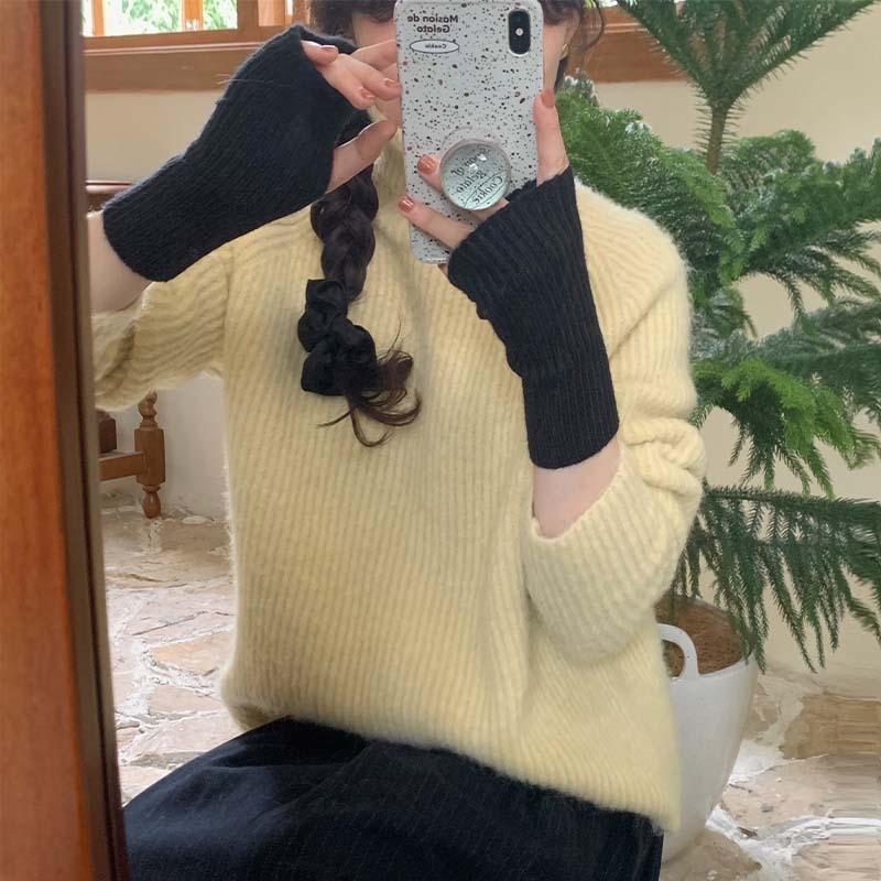 Winter New Style Fresh and Sweet Solid Color Knitted Fingerless Gloves Warm Thickened Fashionable Versatile