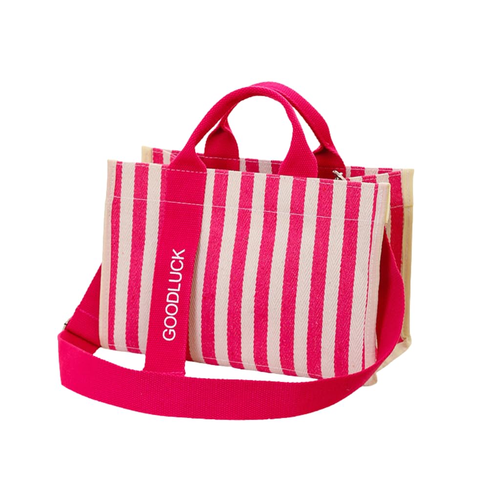 

MANATAS Striped Mini Tote Bag, Canvas, 2-Way, Women s Lunch Bag, Cute Vertical Stripes, Lightweight, Divided, Freestanding Cart Bag, Golf Bag (Pink)