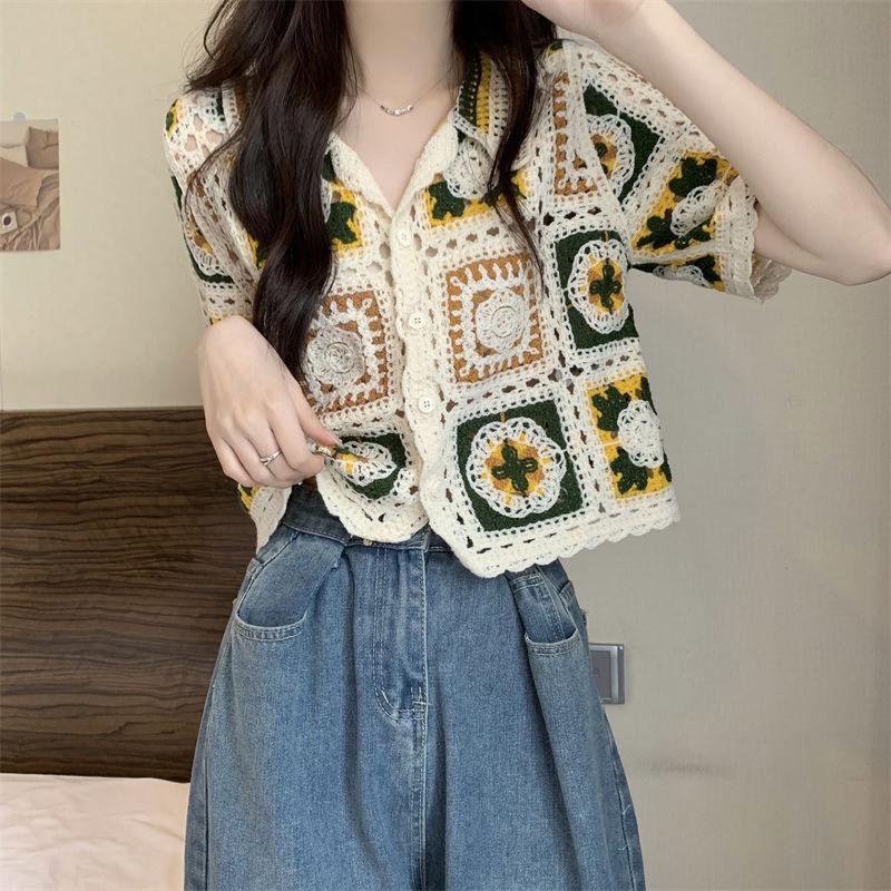 

Stylish Hollow Out Knitted Blouse Chic Folk Floral Turn-down Collar Female Clothing Summer Prairie Chic Single-breasted Shirt M абрикосовый