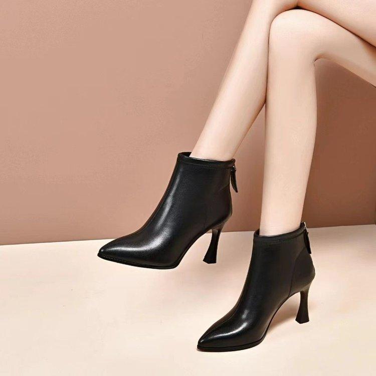 Fall/Winter New Women'S Genuine Leather Ankle Boots - Black Patent Pointed-Toe Stiletto Heel Booties With Rear Zipper