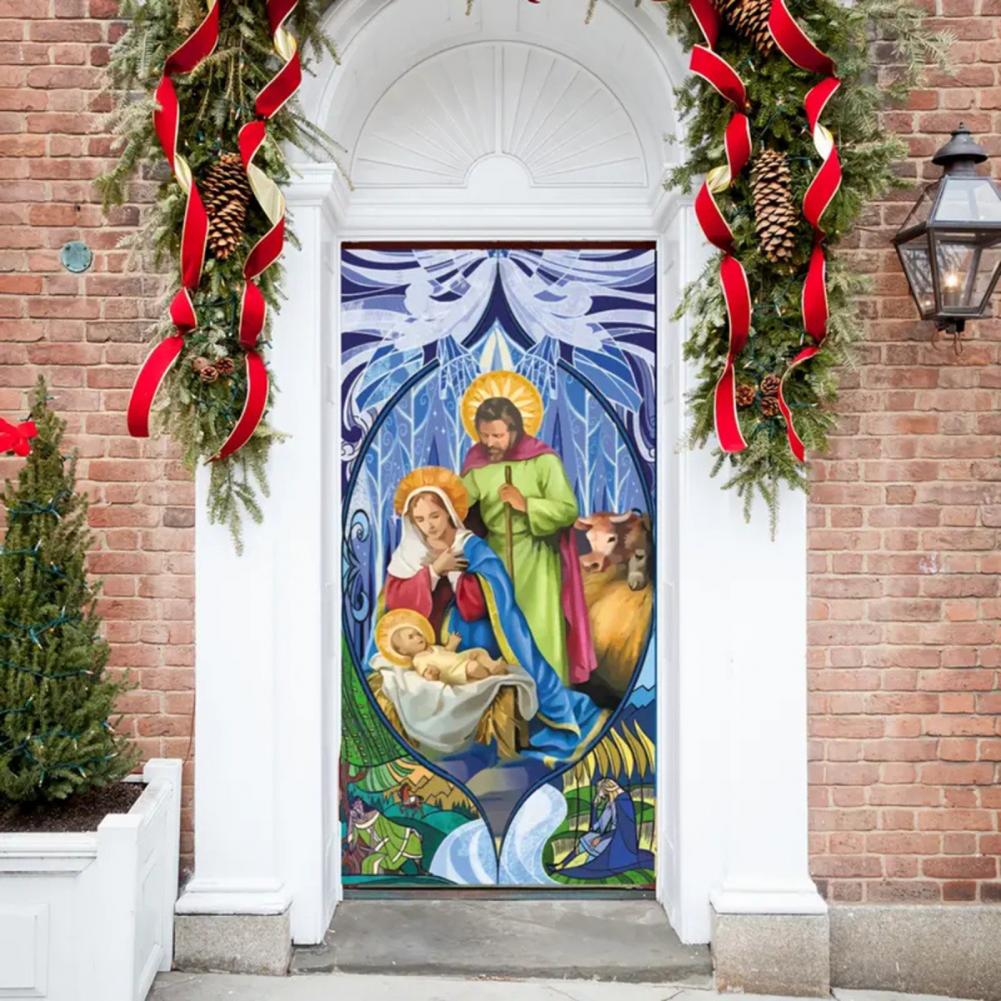 Christmas Decoration Fabric Door Banner Christmas Door Cover Set Nativity Scene Banner Decorations for Holy Night Xmas Door Sign