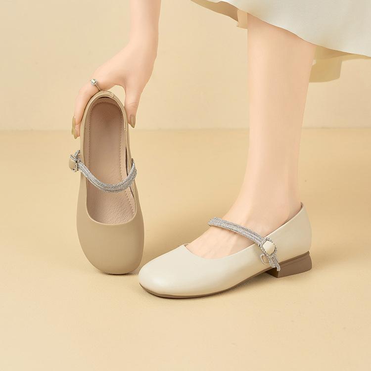 Sheepskin Shallow Mouth Single Shoes Women's New One-word with Rhinestone Fairy Mary Jane Shoes Soft Sole Leather Small Leather Shoes Women