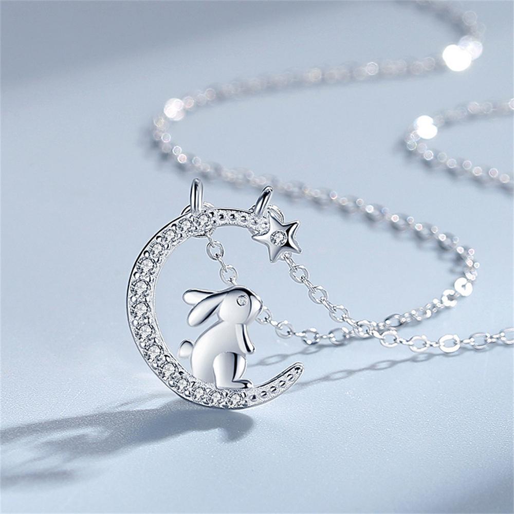 Korean -Style Cute Rabbit Picking Stars Crystal Pendant Necklace Girl Jewelry Star -Moon Clavicle Chain Exquisite Birthday Gifts