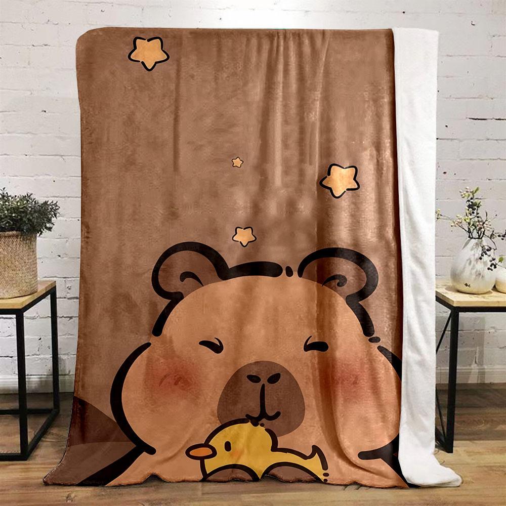 Weiche Flanell Cartoon Capybara mit Enten-Print Überwurfdecke - Digitaldruck Wendbar Polyesterflanell, Ganzjahres-Kuscheldecke für Zuhause Büro
