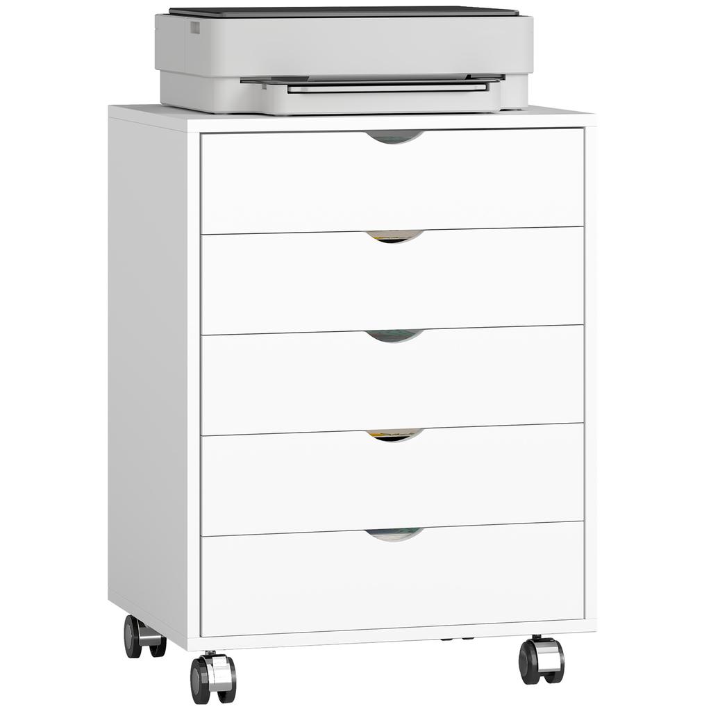 Mobile Office Pedestal, 5 Drawers, Rolling Storage for A3/Letter/A4, White