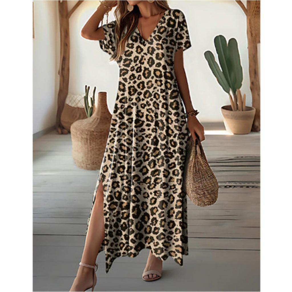 Summer Women's Crew Neck Short Sleeve Printed Maxi Dress, Casual Ladies Long Dress for Women European American Crossbody Apparel
