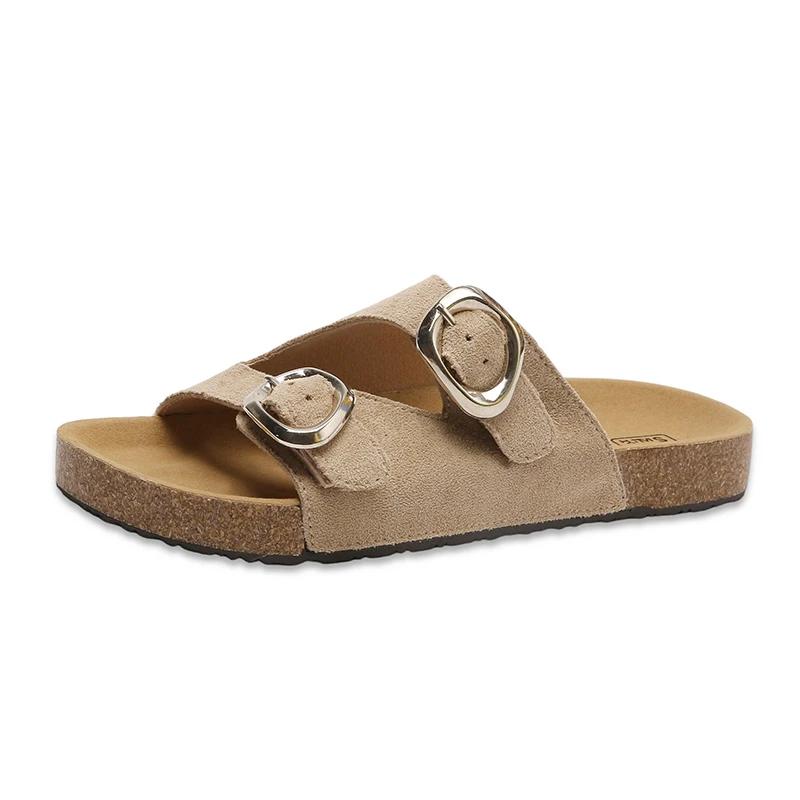 Fashion Flat flip-flops women's summer new round toe open-toe metal belt buckle one-foot slip-on lazy wear beach sandals and slippers
