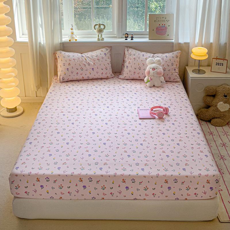 Washed Cotton Fitted Sheet with Elastic Bands Non Slip Adjustable Mattress Cover Printed  Pure Cotton  for Double King Queen