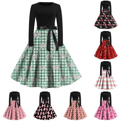 Women's Printed Round Neck Big Hem  Skirt Pleated Skirt Long Sleeved Dress Dress