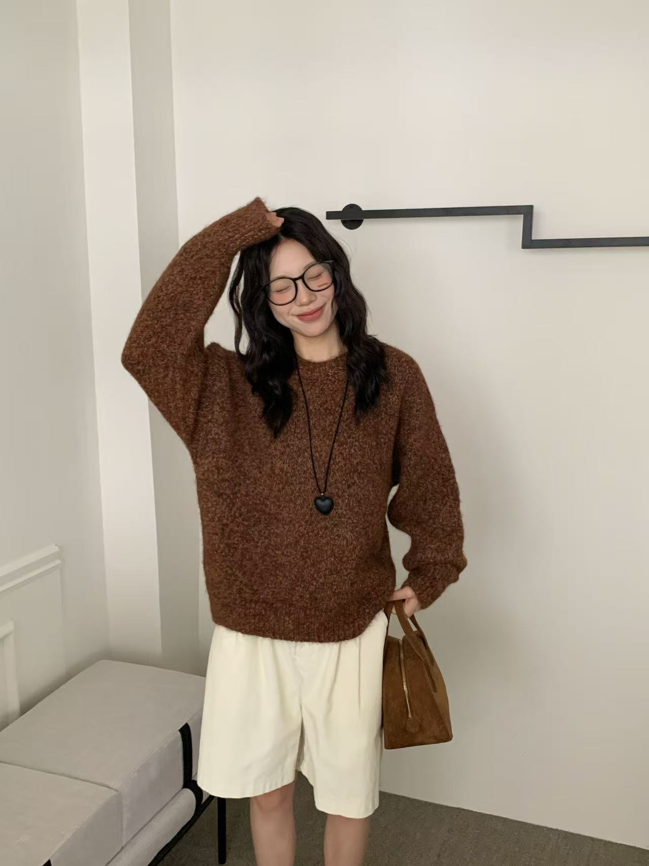 

Flower thread pullover sweater women s clothing autumn and winter new lazy wind loose casual crew neck knitted sweater top One Size кофейный