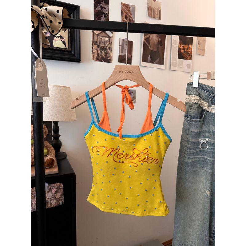 Kumikumi Gyaru Wind XINGX Print Cami Women clothes Summer American Hot Drilling Belt Chest Pad Sleeveless Top