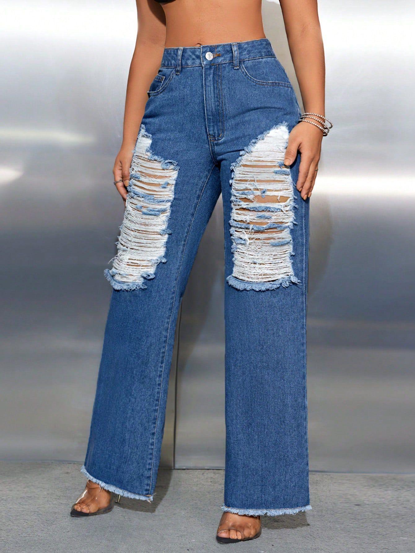 

Женские европейские и американские модные повседневные рваные джинсы-палаццо XS темно-синий