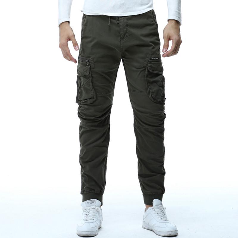 

Men Casual Joggers Solid Color Pants Male Cotton Elastic Long Trousers Pantalon Military Cargo Pants 38 зелений