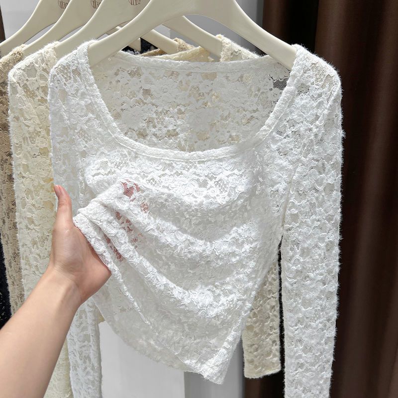 Women's Long Sleeve Lace Blouse Square Neck Sheer Slim Fit Elegant Top