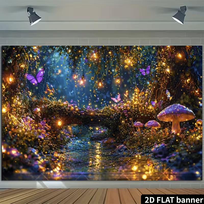2D Enchanted Forest Backdrop, Magical Night Mushroom & Butterfly Photography Background