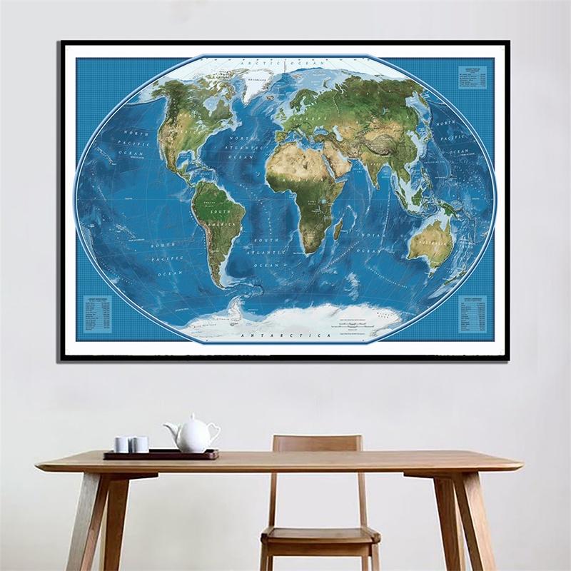 World Map Poster Satellite Imagery Earth Physical Map National Geographic Style Canvas Print Wall Art for Living Room Classroom Decor