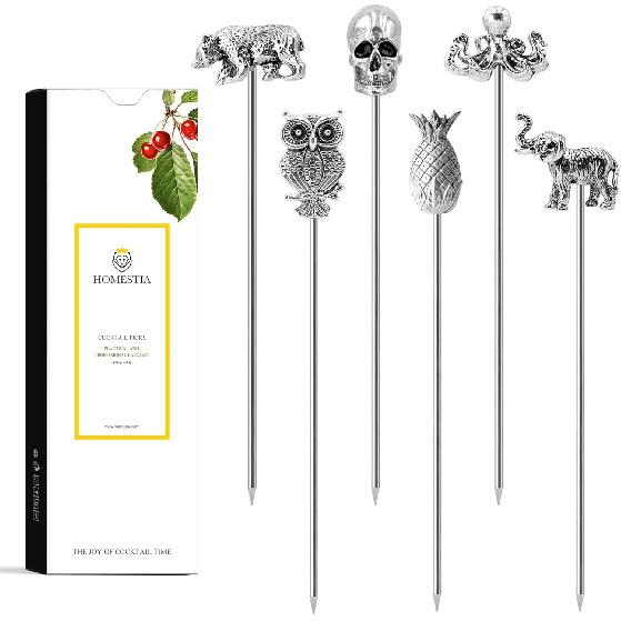 Homestia Metal Cocktail Picks for Drinks, 4.7" Reble Cocktail Toothpicks Garnish Cocktail Skewers Swords, 6Pcs Olive Martini Picks, Vintage Cocktail