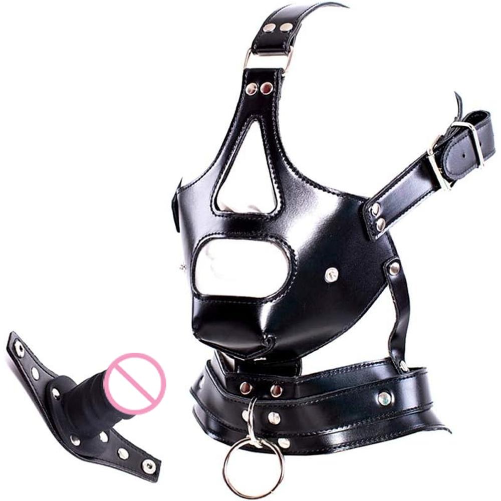 Leather Bondage Pussy with Detachable Silicone Dildo Mouth Gag Adjustable Head Harness  Fetish Dog Slave Female Restraints