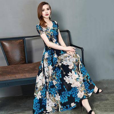 Sommerkleid für Damen, Blumendruck, A-Linie, großer Saum, hohe Taille, kurze Ärmel, Rundhalsausschnitt, plissiert, mittlere Wadenlänge, formelle Party, Pendeln, Midikleid