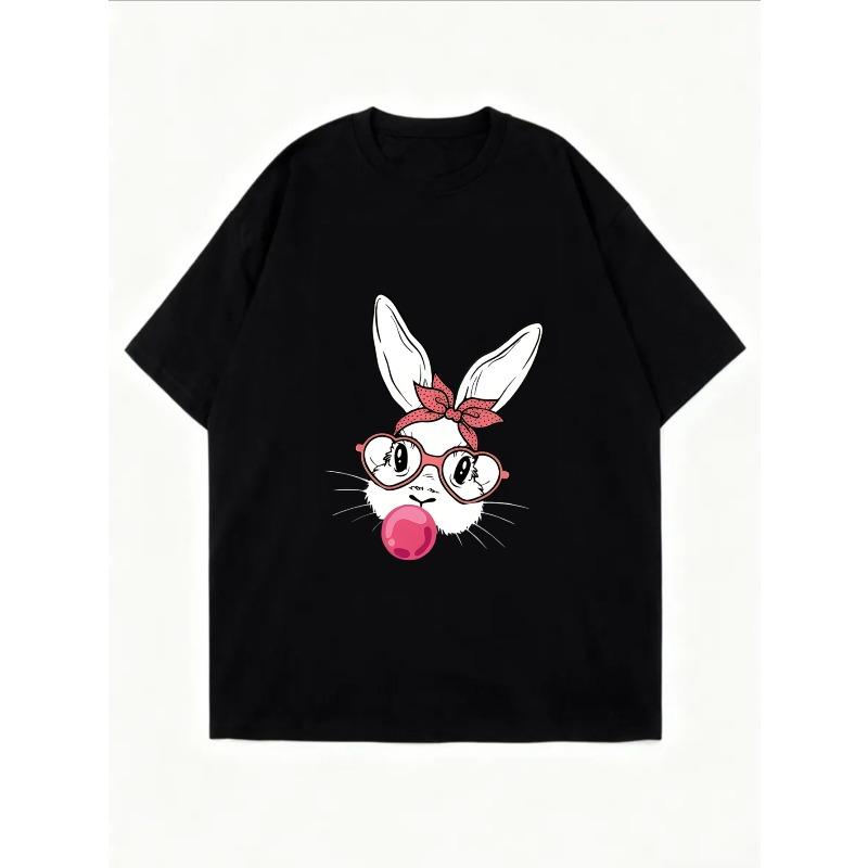 White T Shirt With Bunny Face Print And Pink Glasses For Casual Wear