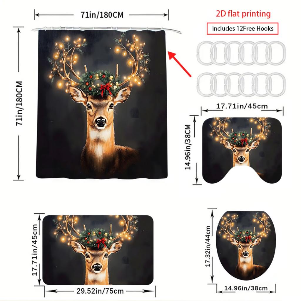 4Pcs Christmas Deer . Shower Curtain Set with Non-Slip Bath Mat, Toilet Lid Cover, Contour Rug & 12 Hooks, Bathroom Decor
