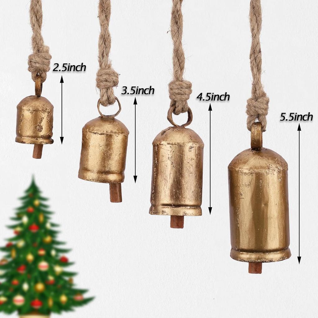 Vintage Guld Ko-klocka Girland 4 st, 2.5", 3.5", 4.5" och 5.5" Rustik Bondgårdsdekor för Julgran, Järnklockor med Jute-rep för Väggupphängning