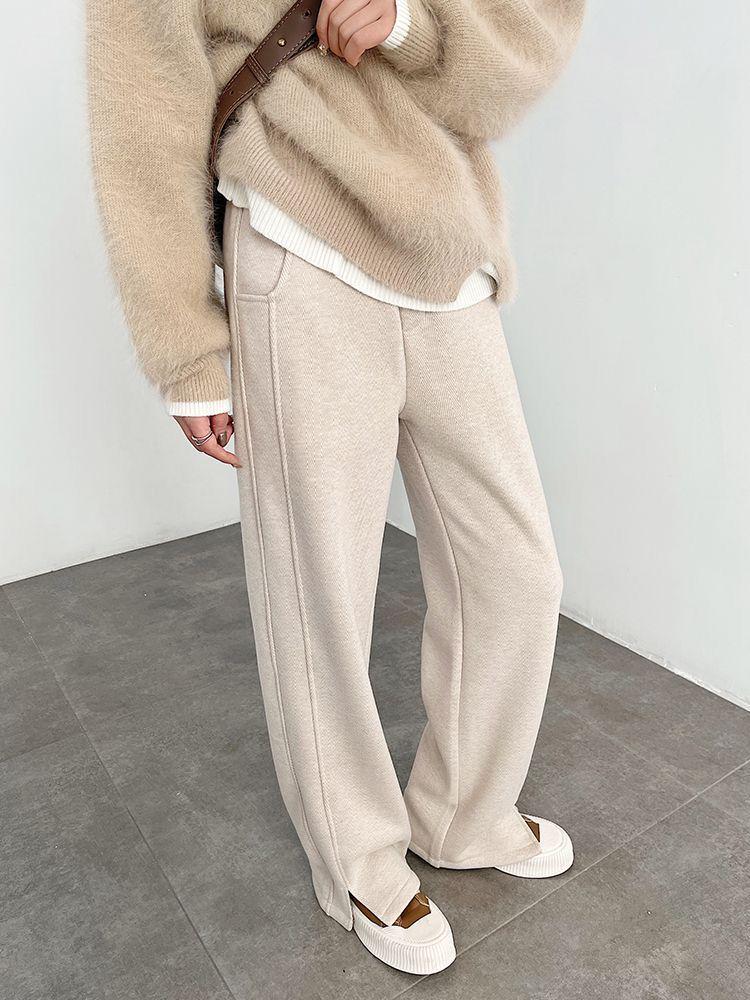 Women's High-Waisted Woolen Herringbone Wide-Leg Pants with Velvet, Split, and Flannel Details for Autumn/Winter