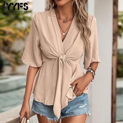 Women's Fashion Casual Summer Spring Solid Color Print Short Sleeve V-Neck Blouses & Shirts