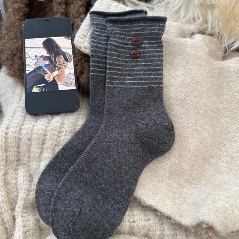Winter Korean socks women's boneless splicing striped coconut buttons thermal storage heap socks women's socks wool socks