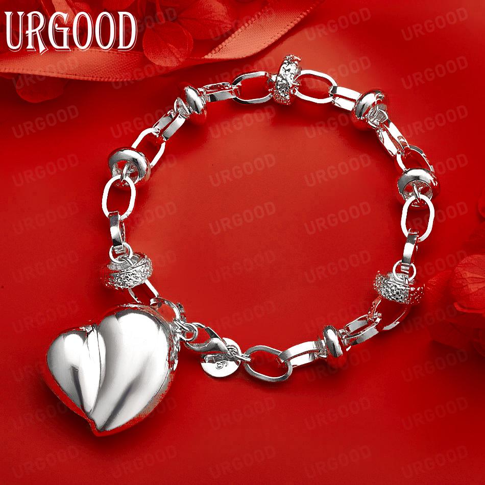 

925 Sterling Silver Heart Pendant Bracelet Fashion Wedding Jewelry 20CM