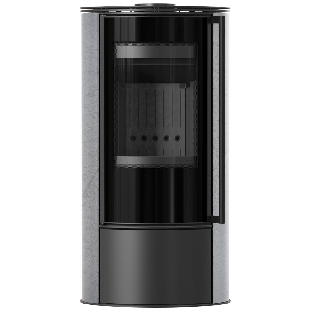 Wood burning steel stove KRATKI ERIK Ø 150 5,5 kW decorative ceramics GRAY SATIN black thermotec self closing door