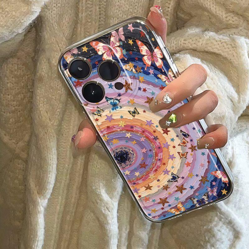 Oil Painting Starry Butterfly Phone Case For Apple iPhone16promax-Soft Silicone Shockproof Creative Cover On iPhone16/15/14/13/12/11/Pro/Plus/Promax