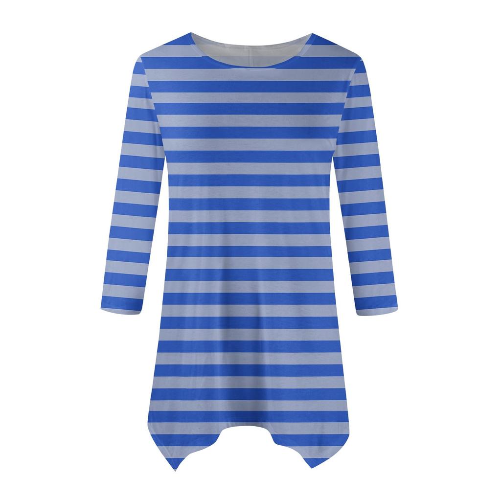 Women's Fashion Casual Round Neck Striped Printed Seven-point Sleeve Shirt Belted Loose Comfortable Top