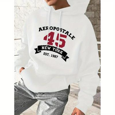 Men's Logo Print Hoodie, Brand Graphic Pullover, Adjustable Drawstring, Street Style Trendy