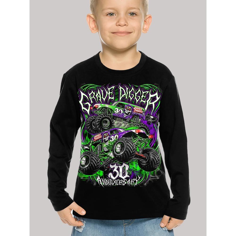 Children's Truck 3D Digital Printed Boy's Fun and Fashionable Round Neck Long Sleeved T-shirt