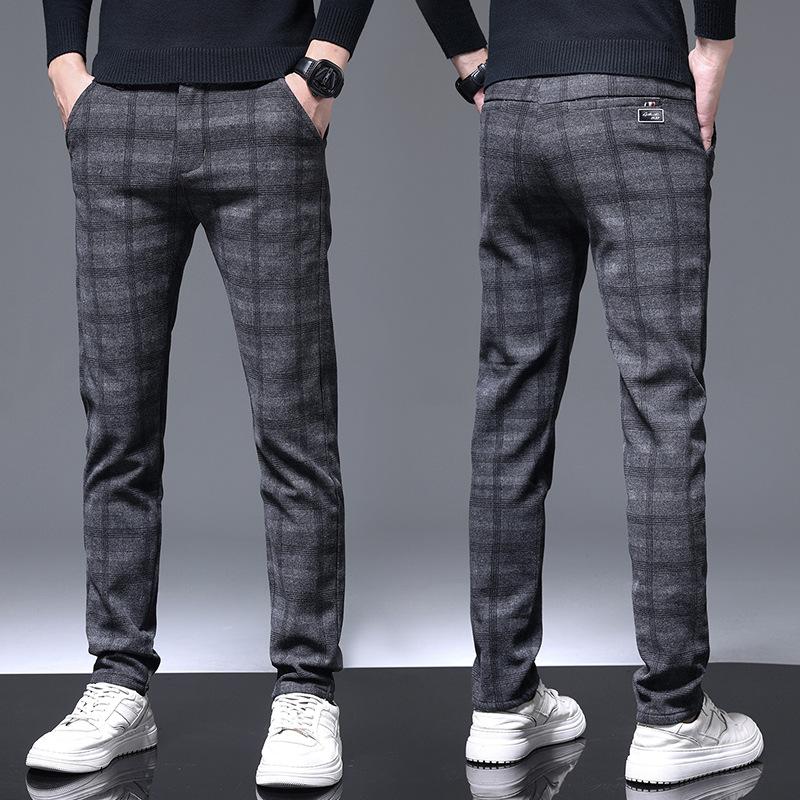 Men'S Spring And Autumn Business Formal Checkered Pants With Western Pants, Slim Fit And Elastic Small Feet, Suit Pants For Men