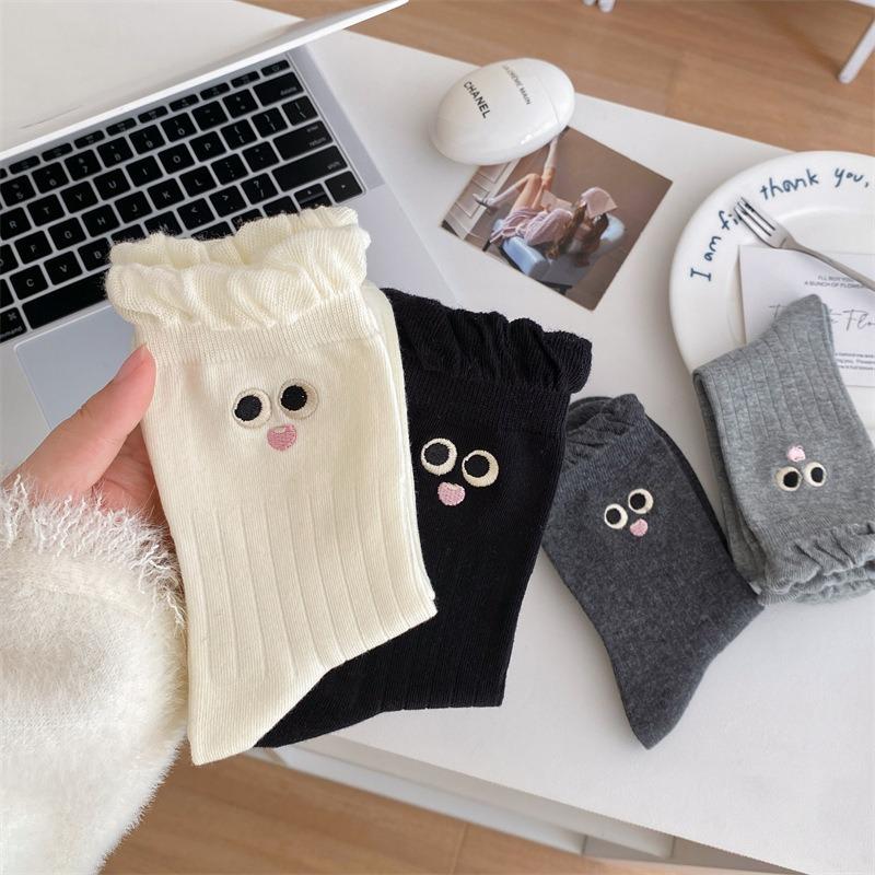 Female Spring Cotton Cute Cartoon Eyes Embroidered Bubble Mouth Tube Socks