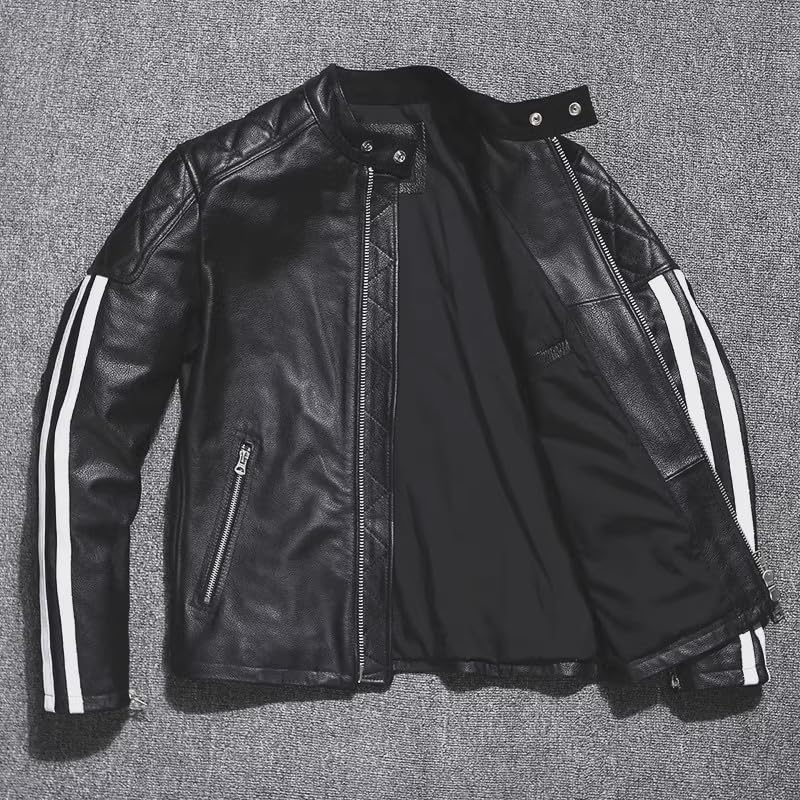 CHEJI Genuine Leather Military Biker and Popular for and Winter Black Jacket, Men's Double-Breasted Jacket, Jacket, Short, Simple, Cold-Weight