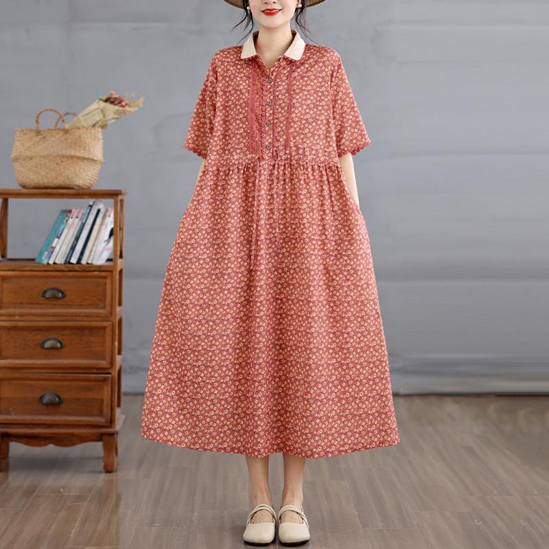 Krótki rękaw Plus size Bawełna Len vintage kwiatowy nowość sukienki dla kobiet casual luźna długa letnia sukienka
