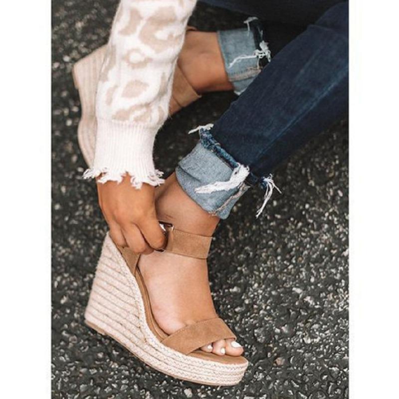 Spring and summer new muffin thick-soled large-size one-word buckle with high-heeled sandals women's thick-soled hemp rope wedge heel sandals