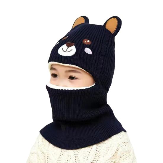

Children Knitted Hat Cute Bear Ears One-piece No Brim Bonnet Windproof Headwear Baby Boys Girls Winter Neck Warmer Beanie Hat for Outing чорний