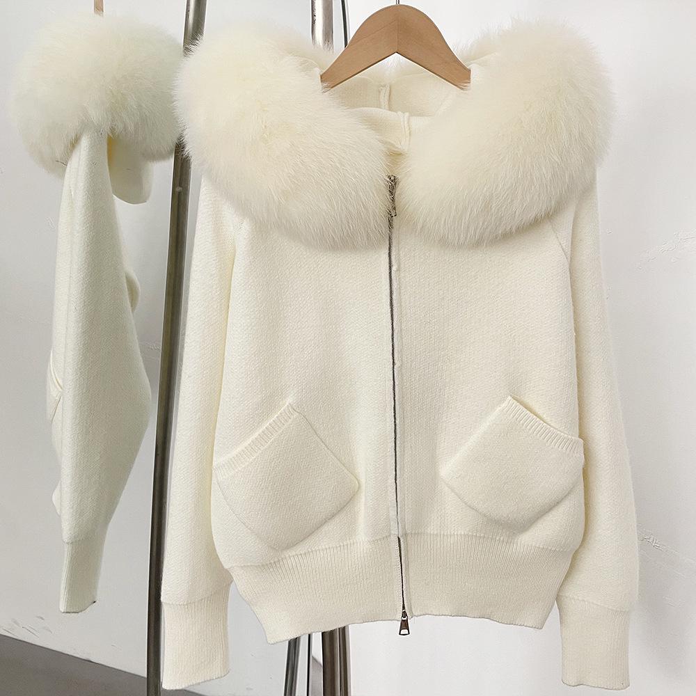

Korean Style Hooded Knit Cardigan with Large Genuine Fox Fur Collar - Luxurious Autumn/Winter Outerwear One Size