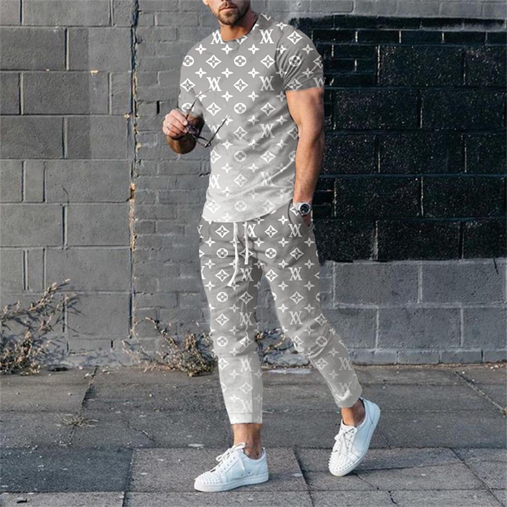 

Men s Summer Tracksuit 2 Pieces Lattice Printing T-Shirt+Trousers Set Casual Jogging Suit Fashion Male Oversized Streetwear 2XL